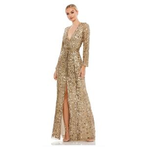Mac Duggal 5002 Antique Gold Sequin Front Slit Long Sleeve Gown Size 8 NWT